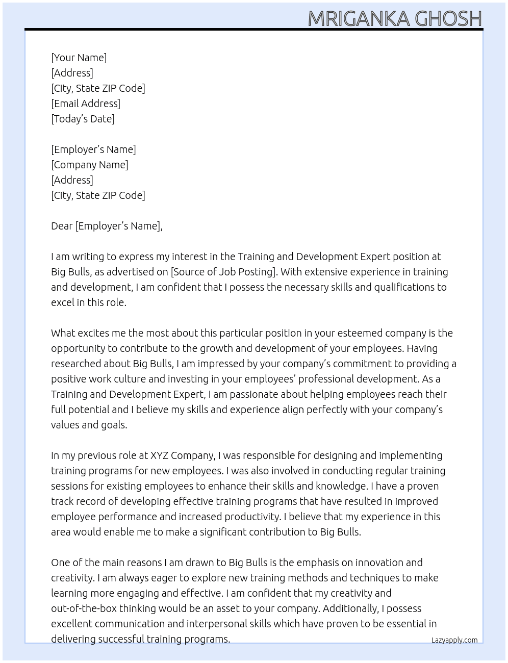 Training and development expert At Big Bulls Cover Letter