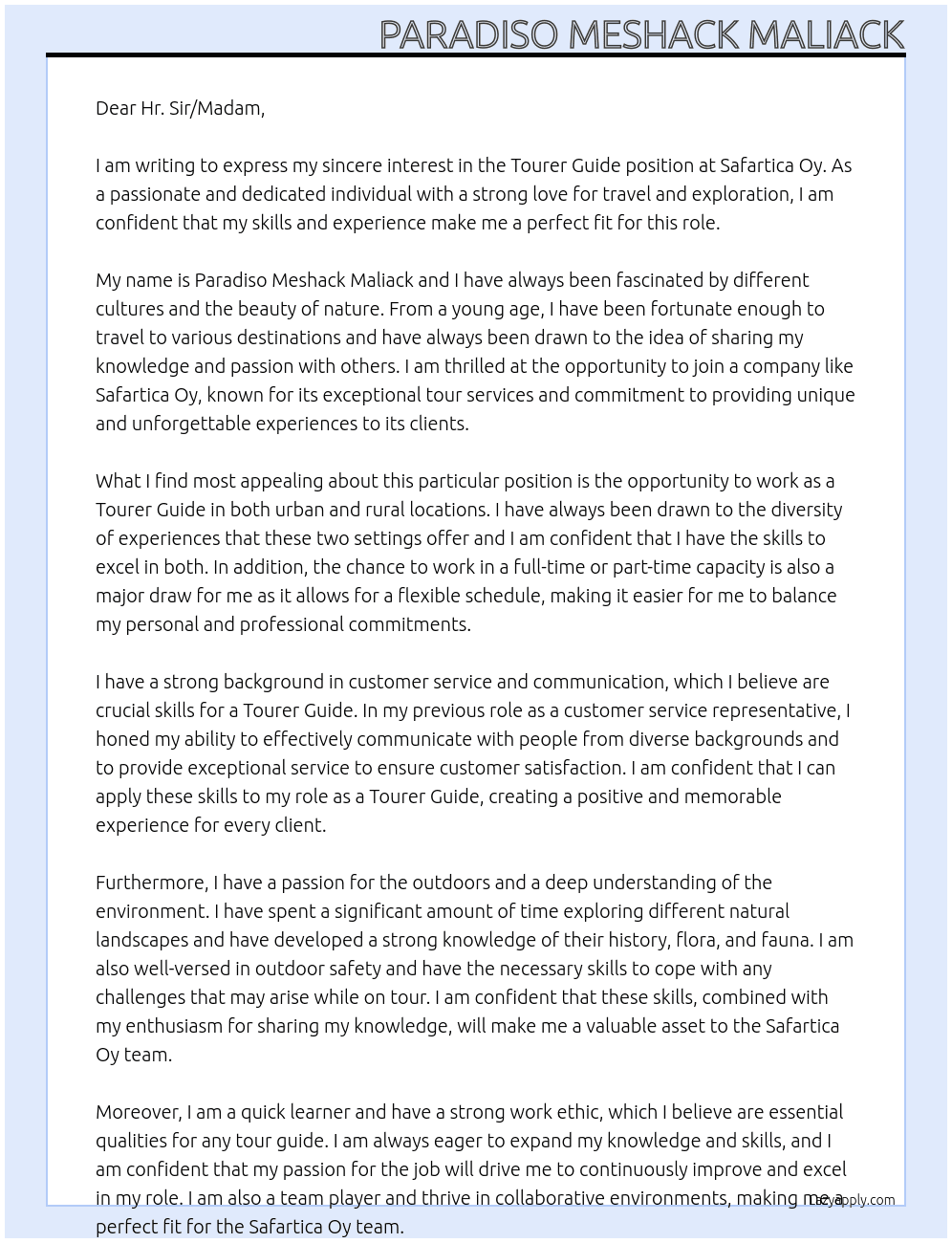 Cover letter for tourer guide - LazyApply