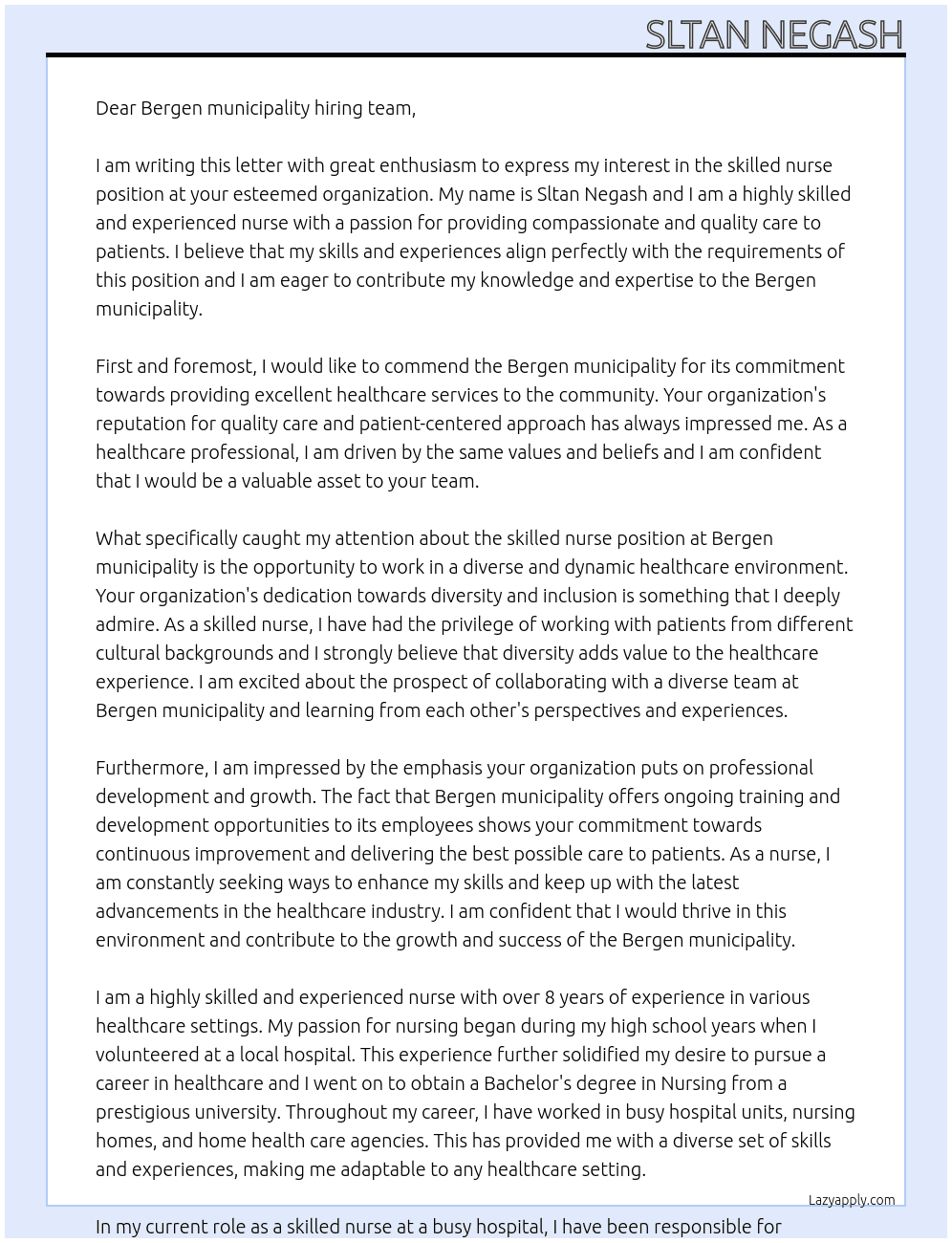 skilled nurse At Bergen municipality Cover Letter