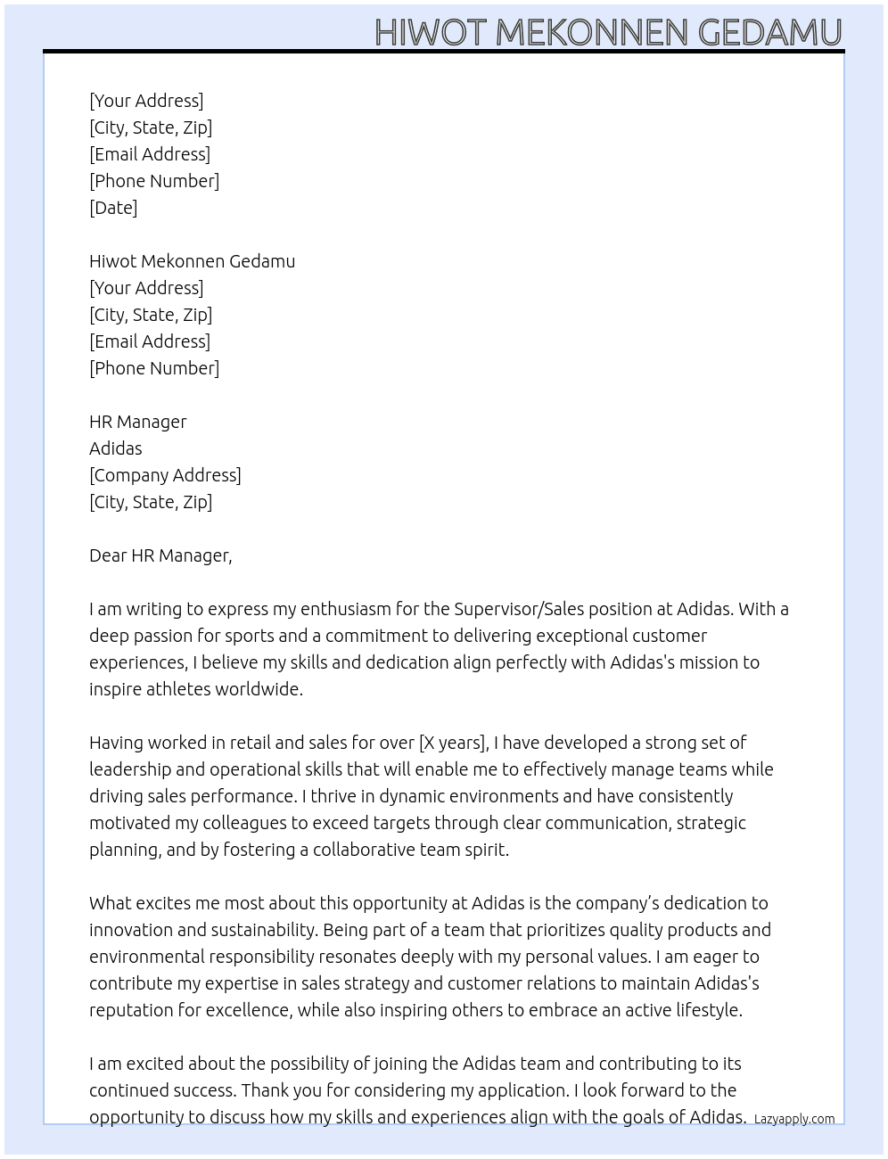Cover letter for supervisor/ sales - LazyApply