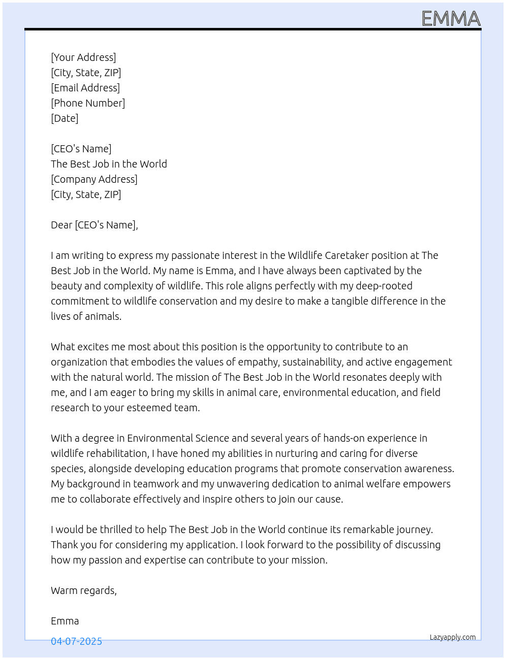 Wildlife Caretaker At The best job in the world Cover Letter