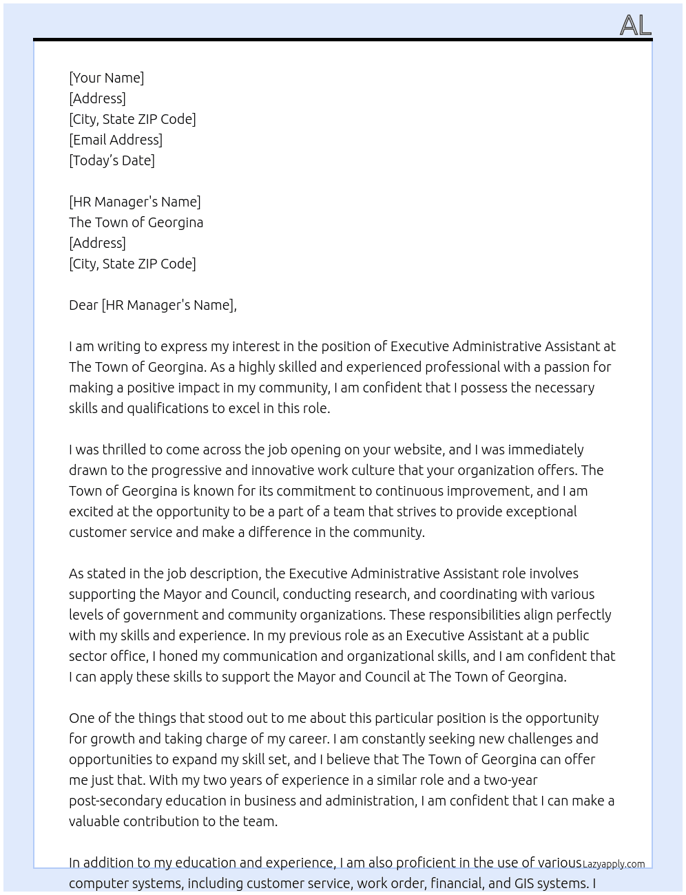 Executive Administrative Assistant At The Town of Georgina Cover Letter