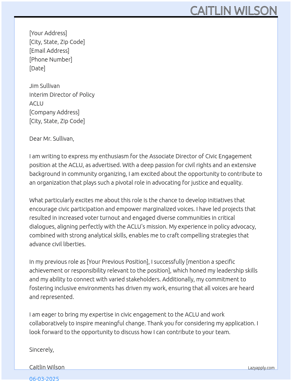 Associate Director of Civic Engagement At ACLU Cover Letter