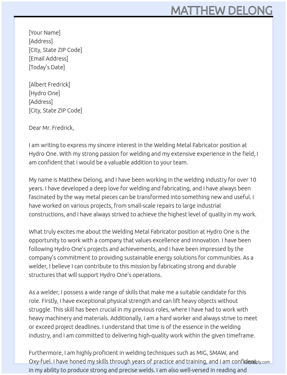 Welding Metal Fabricator At Hydro One Cover Letter