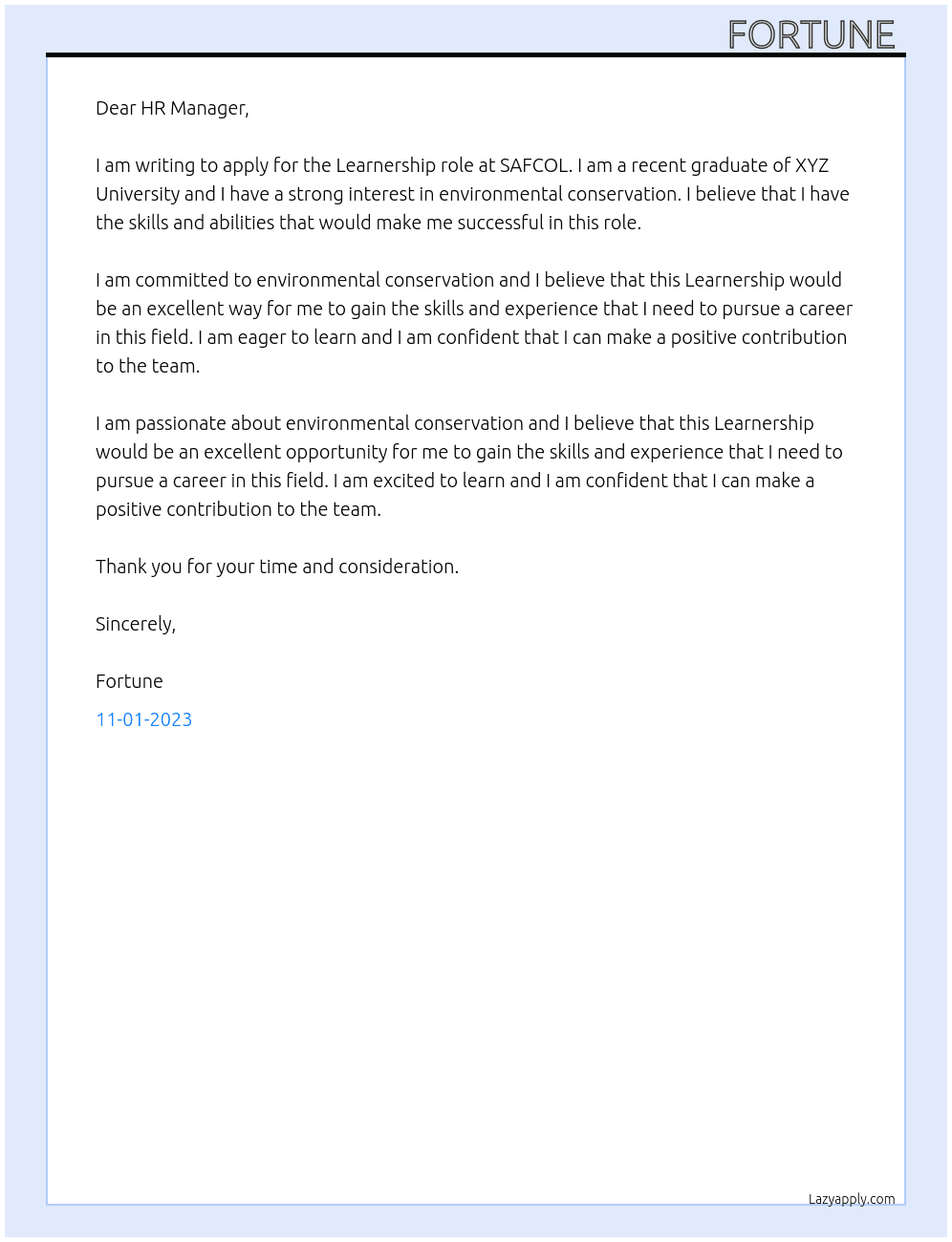 Learnership  At SAFCOL Cover Letter