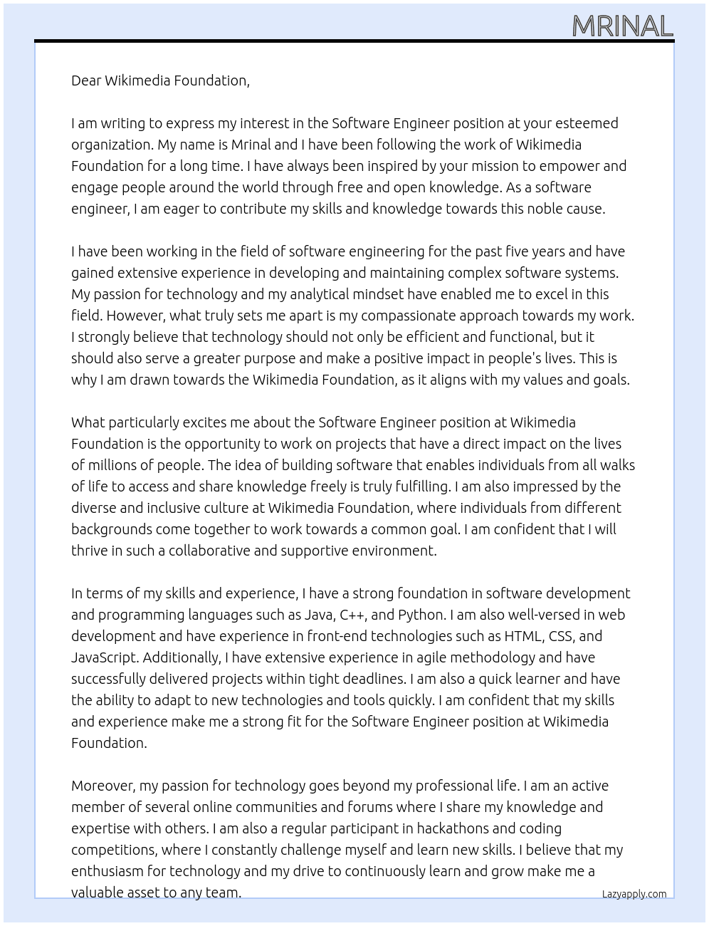 Software Engineer At Wikimedia Foundation Cover Letter