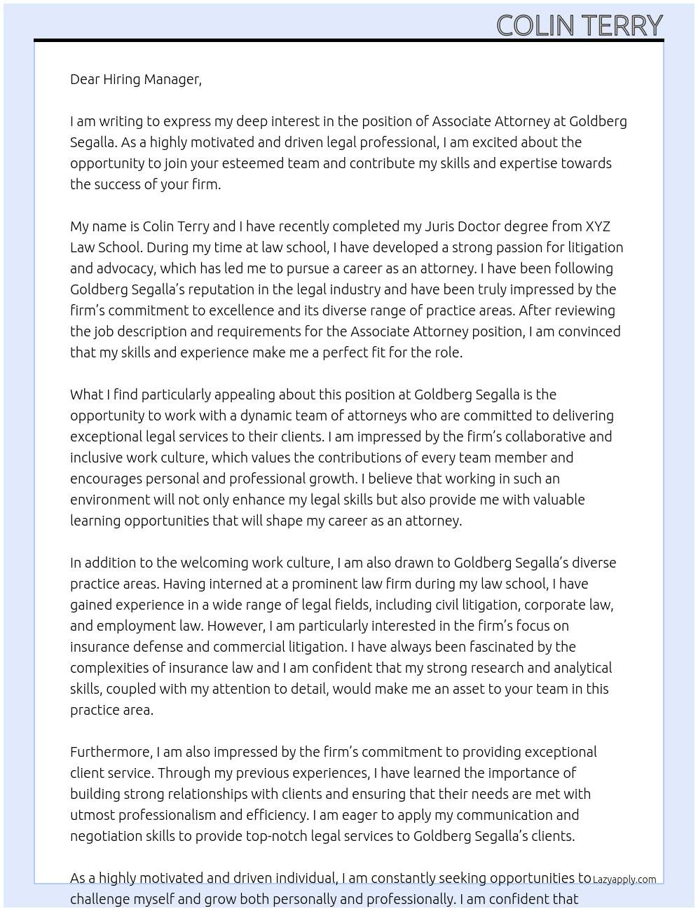associate atoorney At Goldberg Segalla Cover Letter