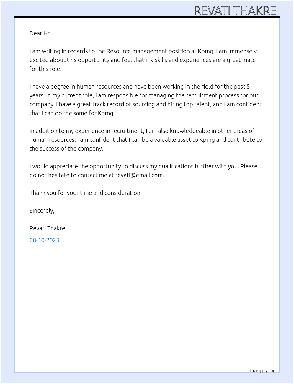 Resource management  At Kpmg Cover Letter