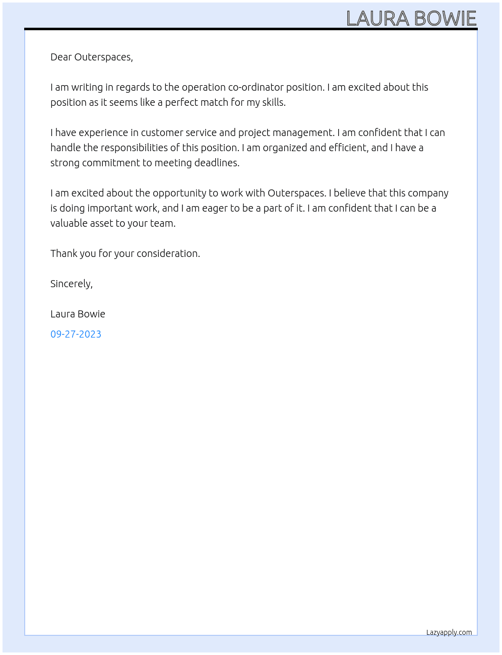 operation co-ordinator At Outerspaces Cover Letter