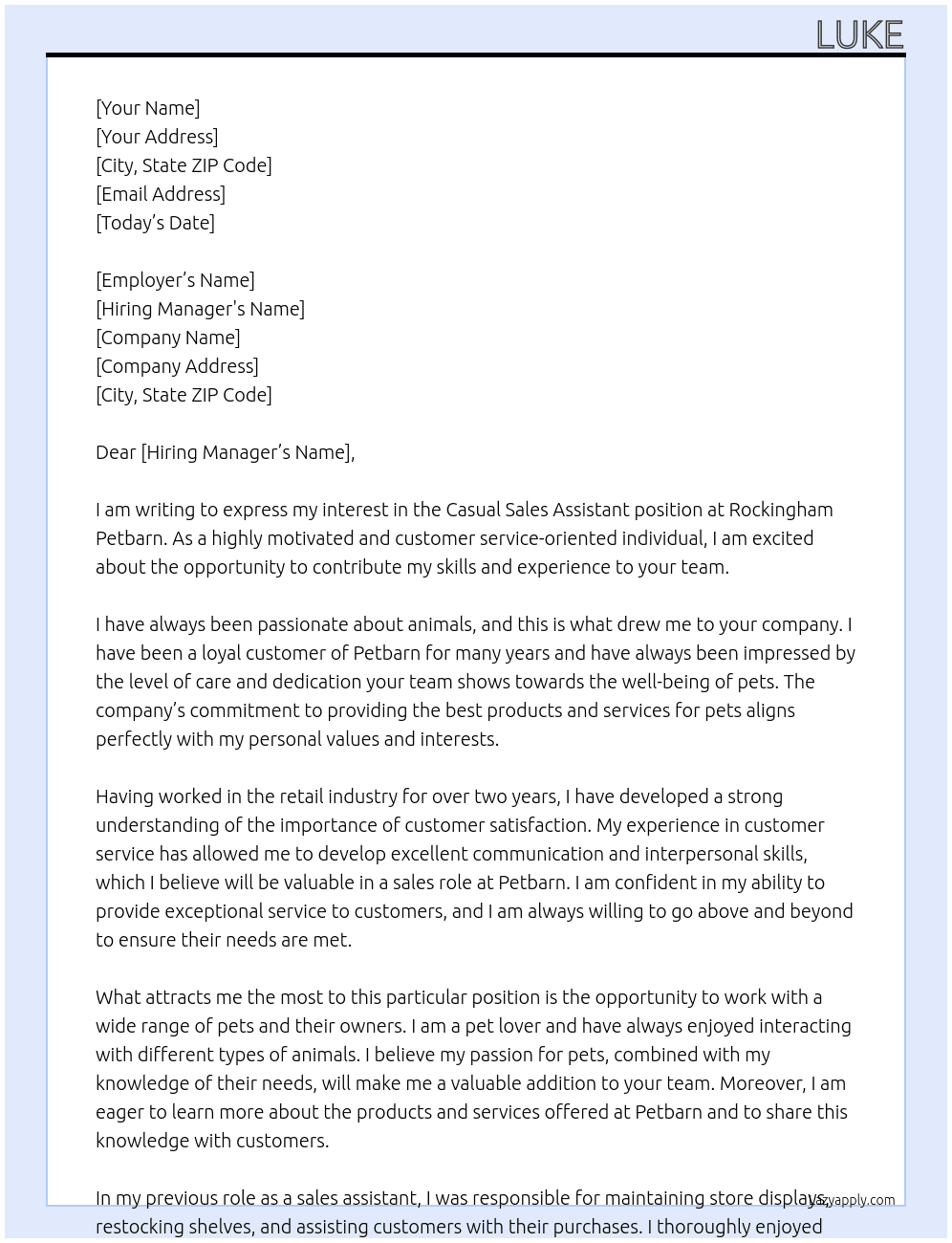Casual sales assistant At Rockingham Petbarn Cover Letter