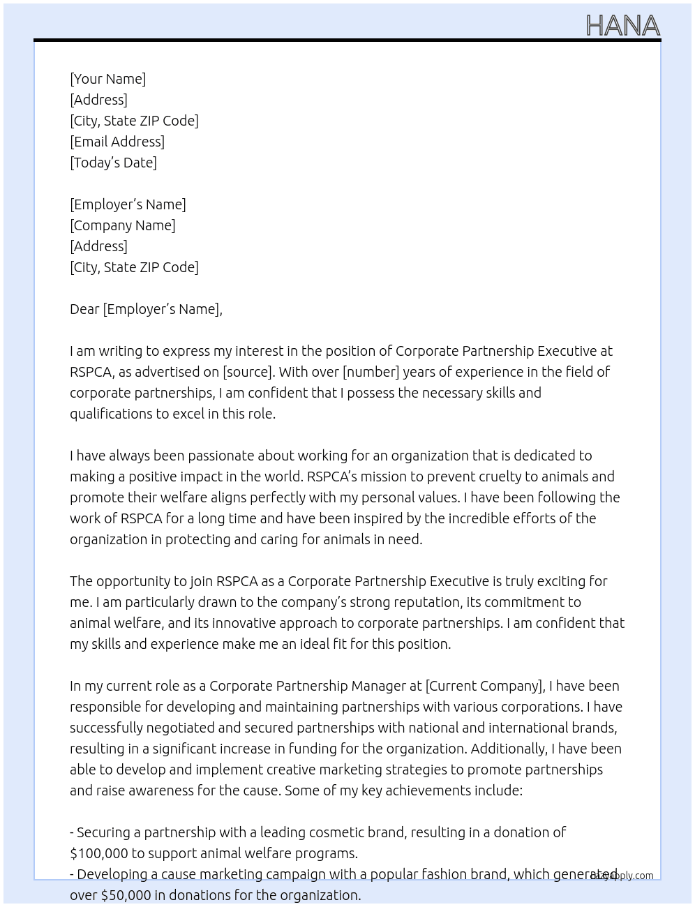 Corporate Partnership Executive At RSPCA Cover Letter