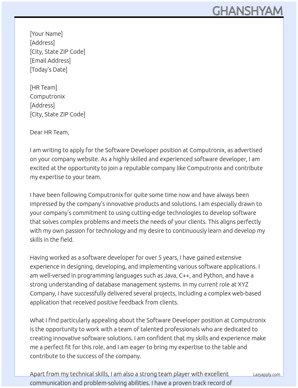 Software Developer At Computronix  Cover Letter