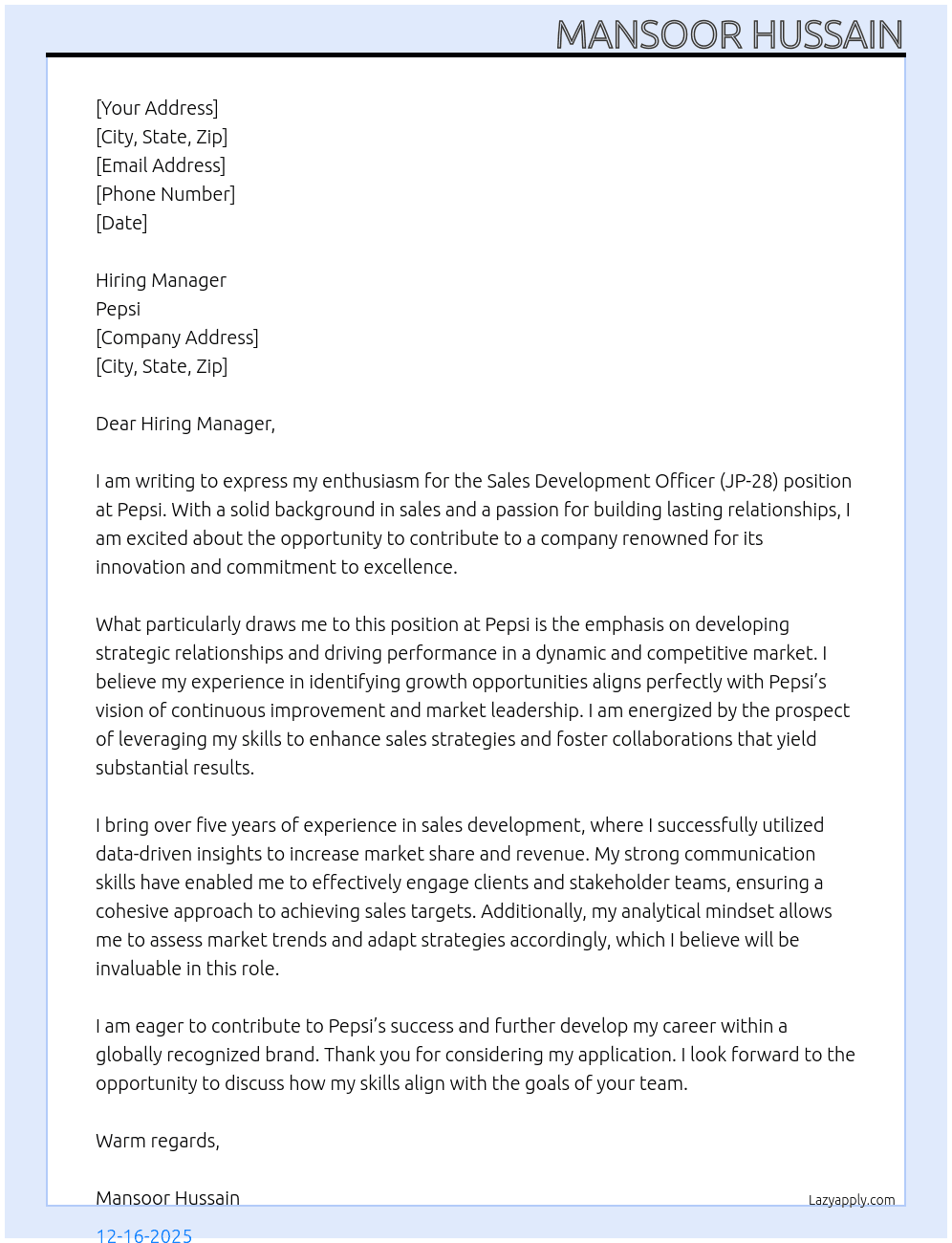  Sales Development Officer ( JP-28 ) At Pepsi Cover Letter