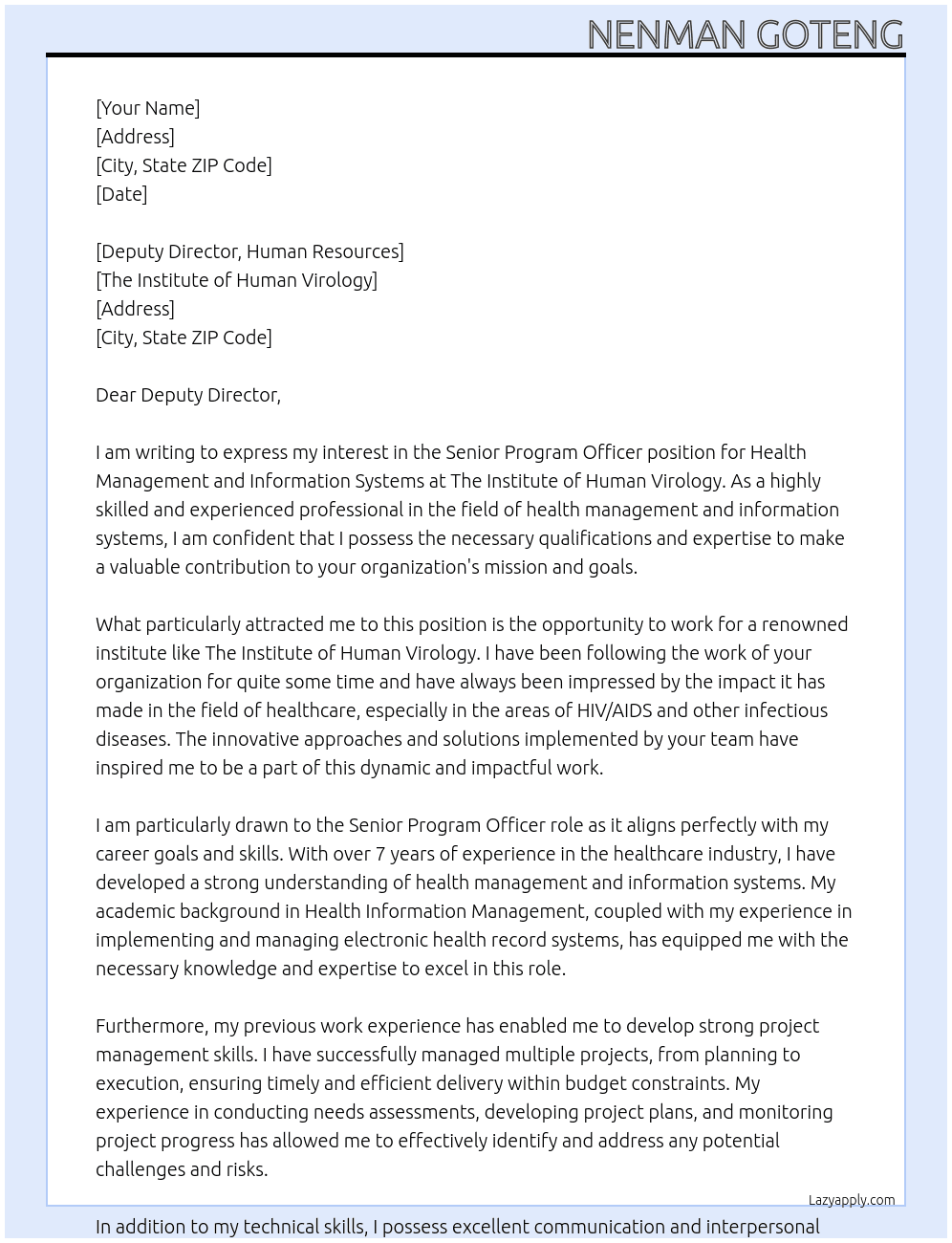 Senior Program officer, Health Management and Information Systems At The Institute of Human Virology Cover Letter