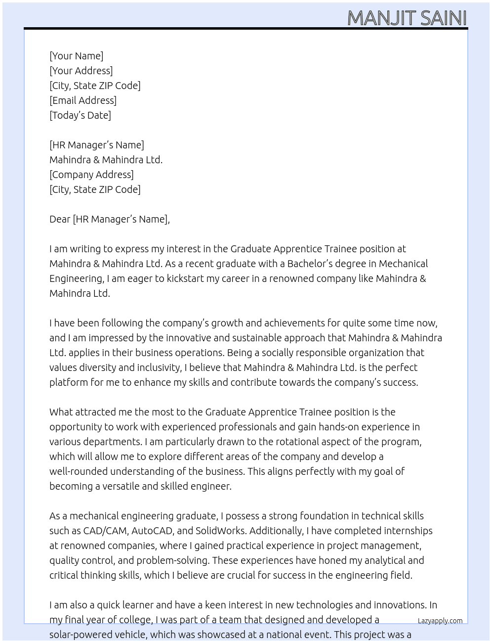Graduate Apprentice trainee At mahindra & mahindra Ltd. Cover Letter