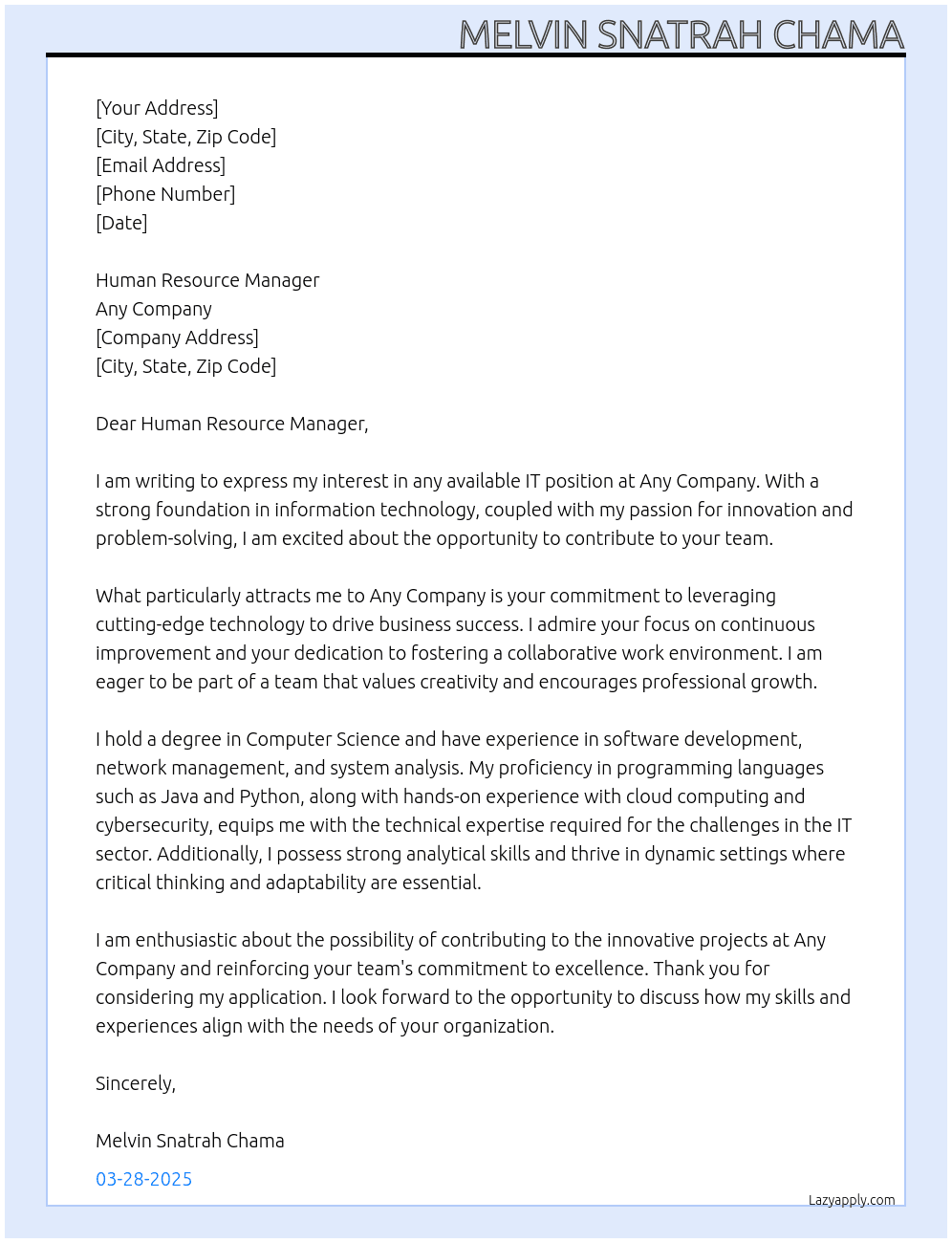 Cover letter for any it position - LazyApply