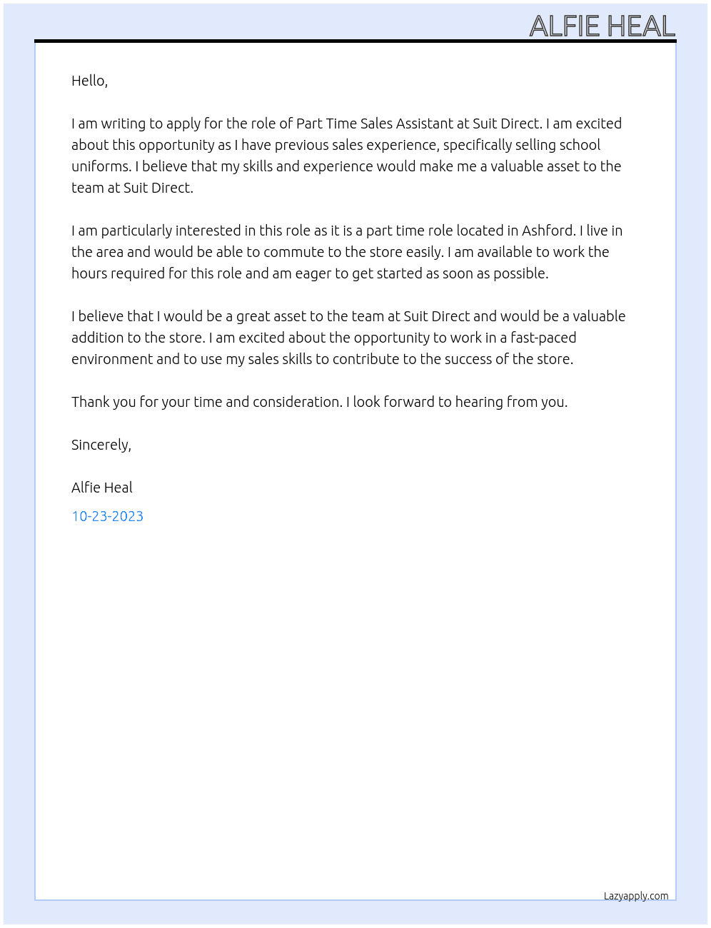 Part time Sales Assistant  At Suit direct Cover Letter