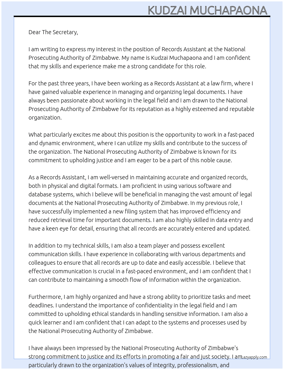 Records assistant  At National prosecuting authority of zimbabwe  Cover Letter