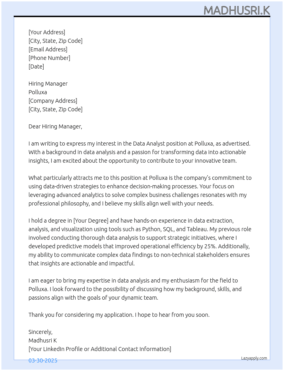 Data analyst  At Polluxa Cover Letter