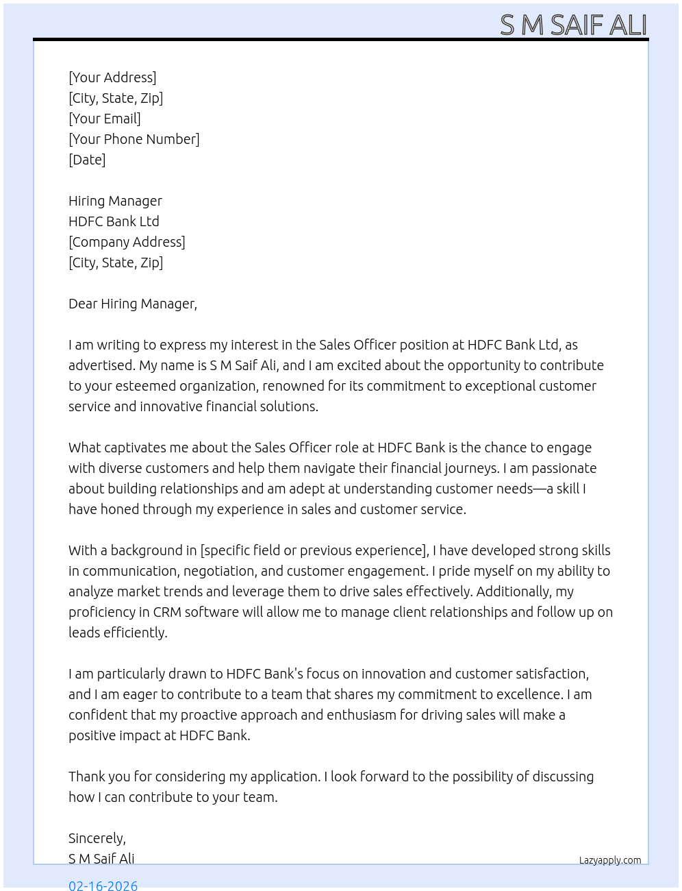 SALES OFFICER At HDFC BANK ;LTD Cover Letter