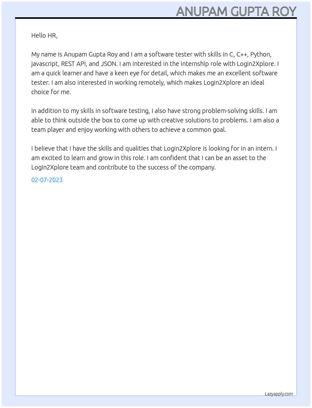 Software Tester  At Login2Xplore Cover Letter