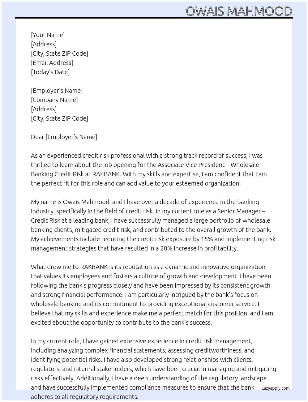 Associate Vice President – Wholesale Banking Credit Risk At RAKBANK  Cover Letter