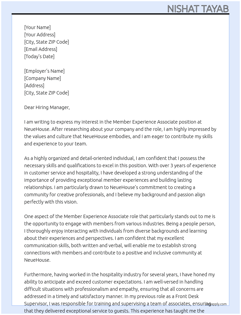 Cover letter for member experience associate - LazyApply
