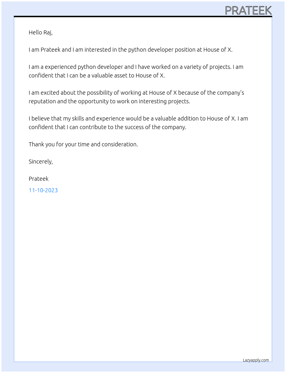 python developer At House of X Cover Letter