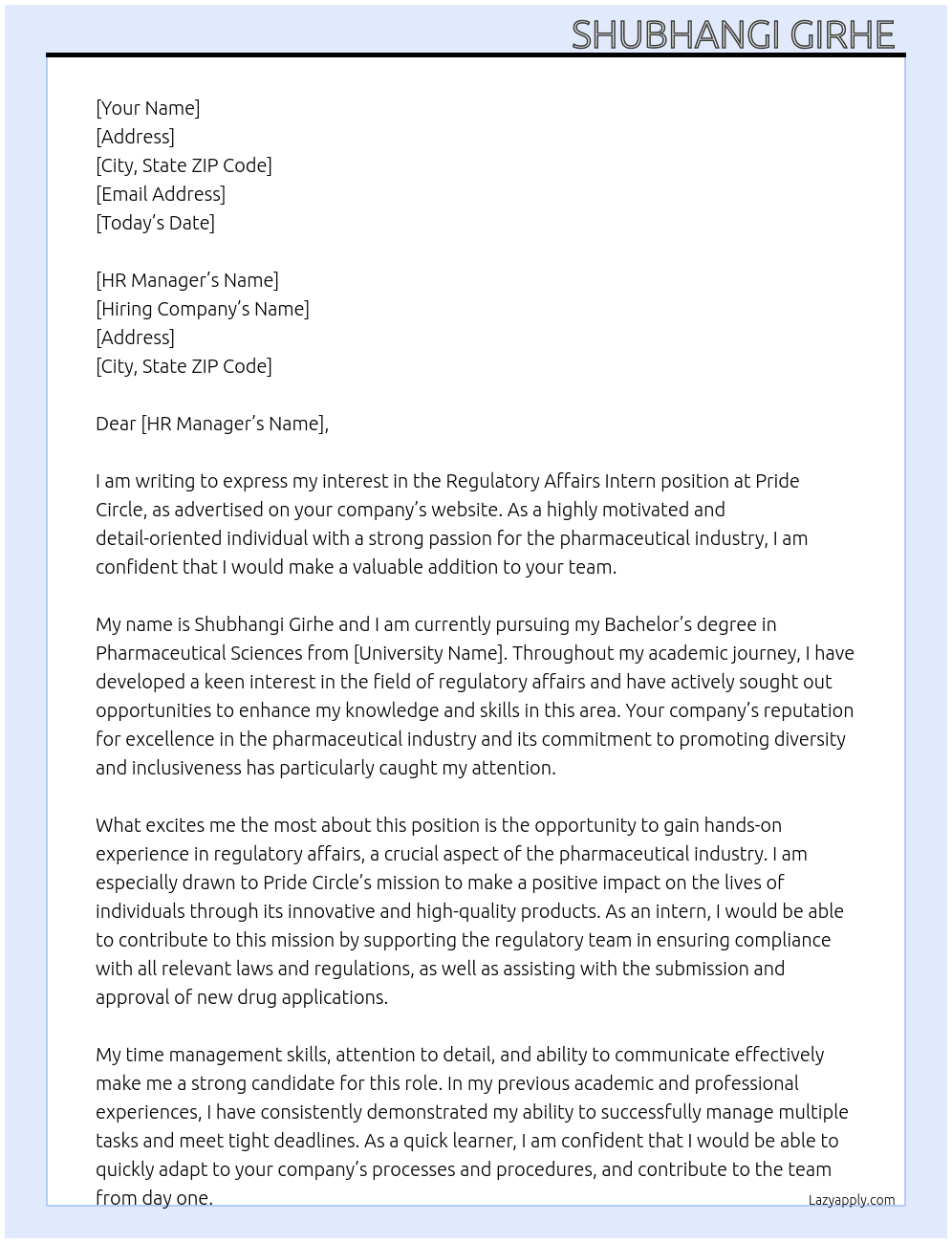 Regulatory affairs Intern  At Pride Circle Cover Letter