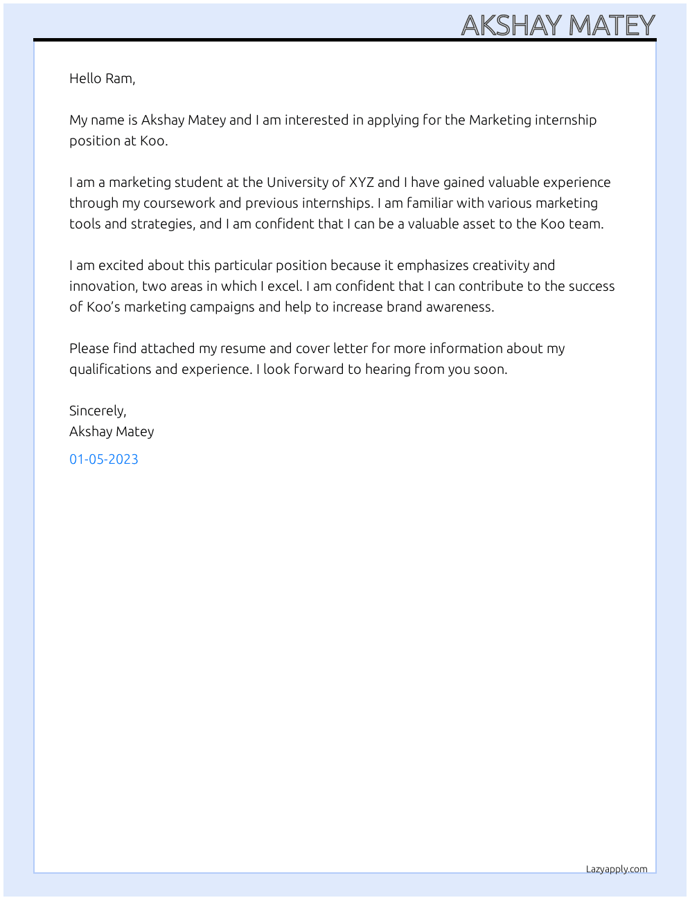 Marketing internship  At Koo Cover Letter