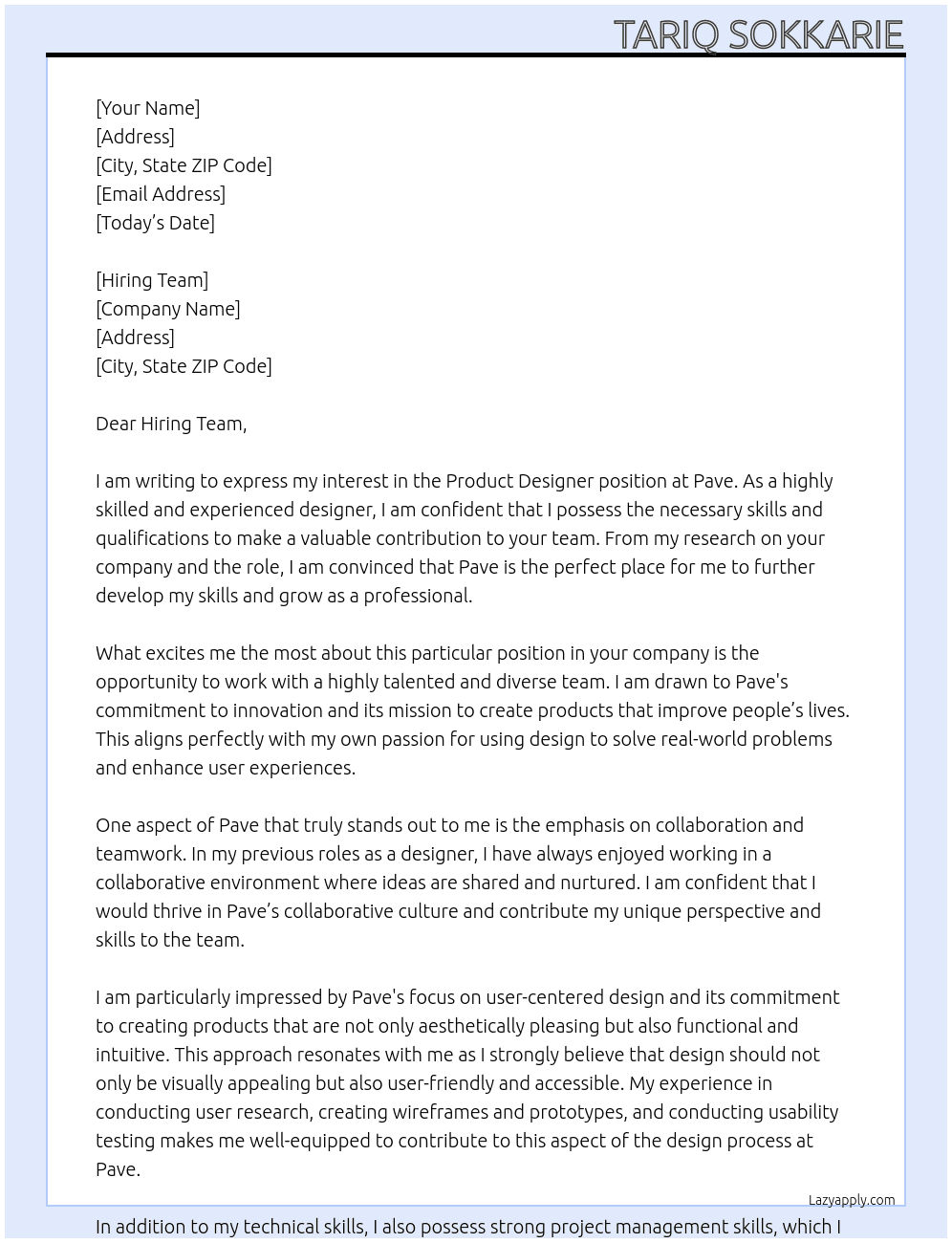 Product Designer At Pave Cover Letter