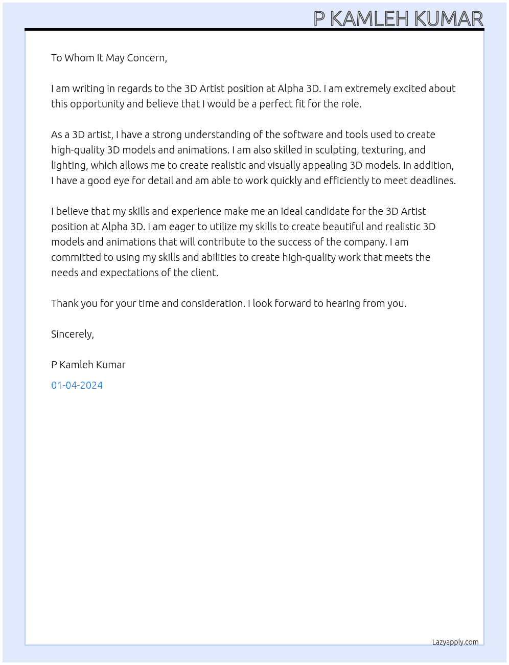 3D Artist At alpha 3d Cover Letter