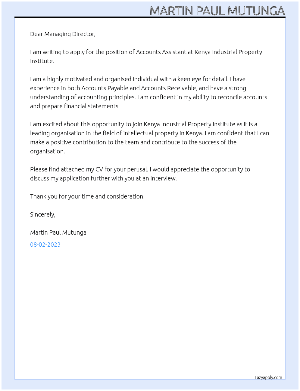 accounts assistant At kenya industrial property institute Cover Letter