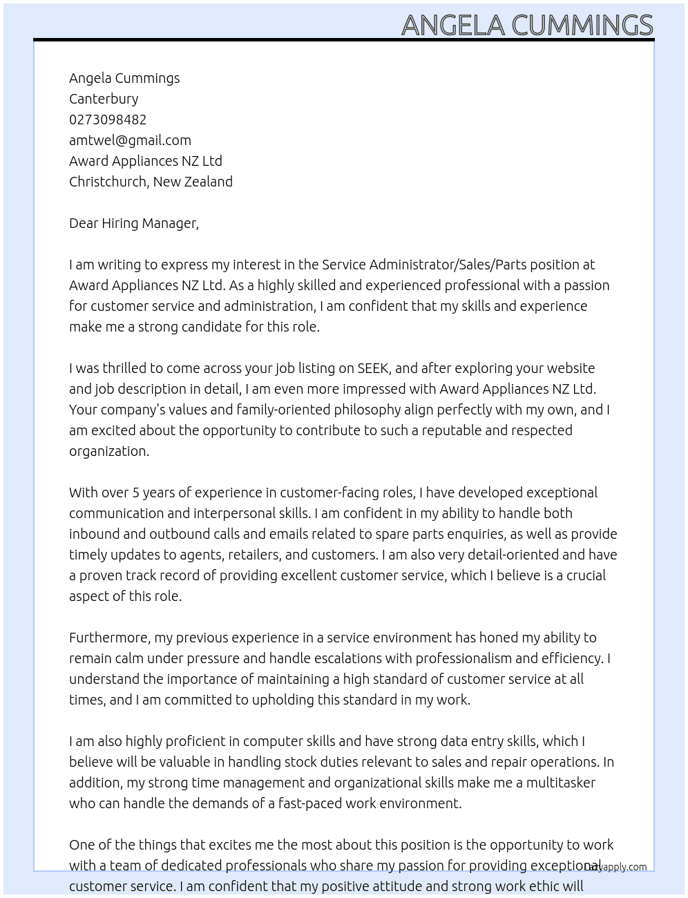  Service Administrator/Sales/Parts At Award Appliances NZ Ltd Cover Letter