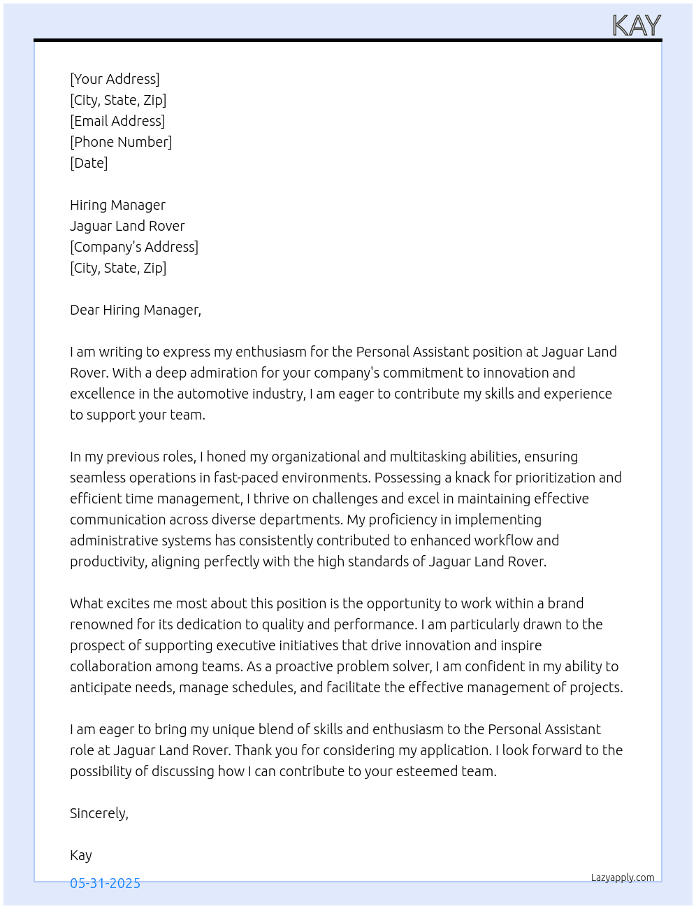 Personal Assistat At Jaguar Landrover Cover Letter