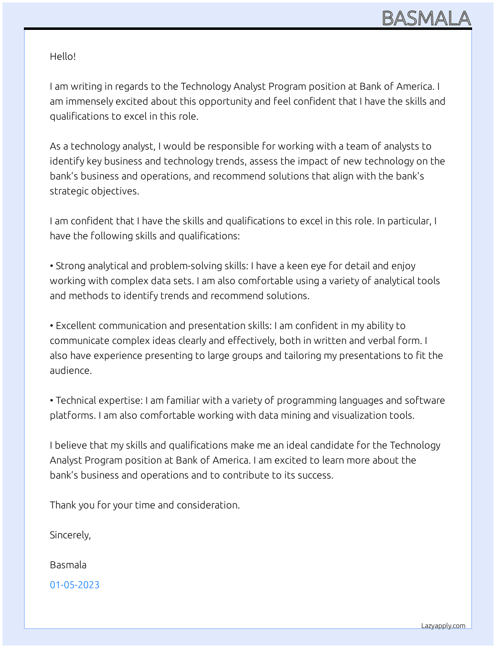Cover letter for technology analyst program - LazyApply