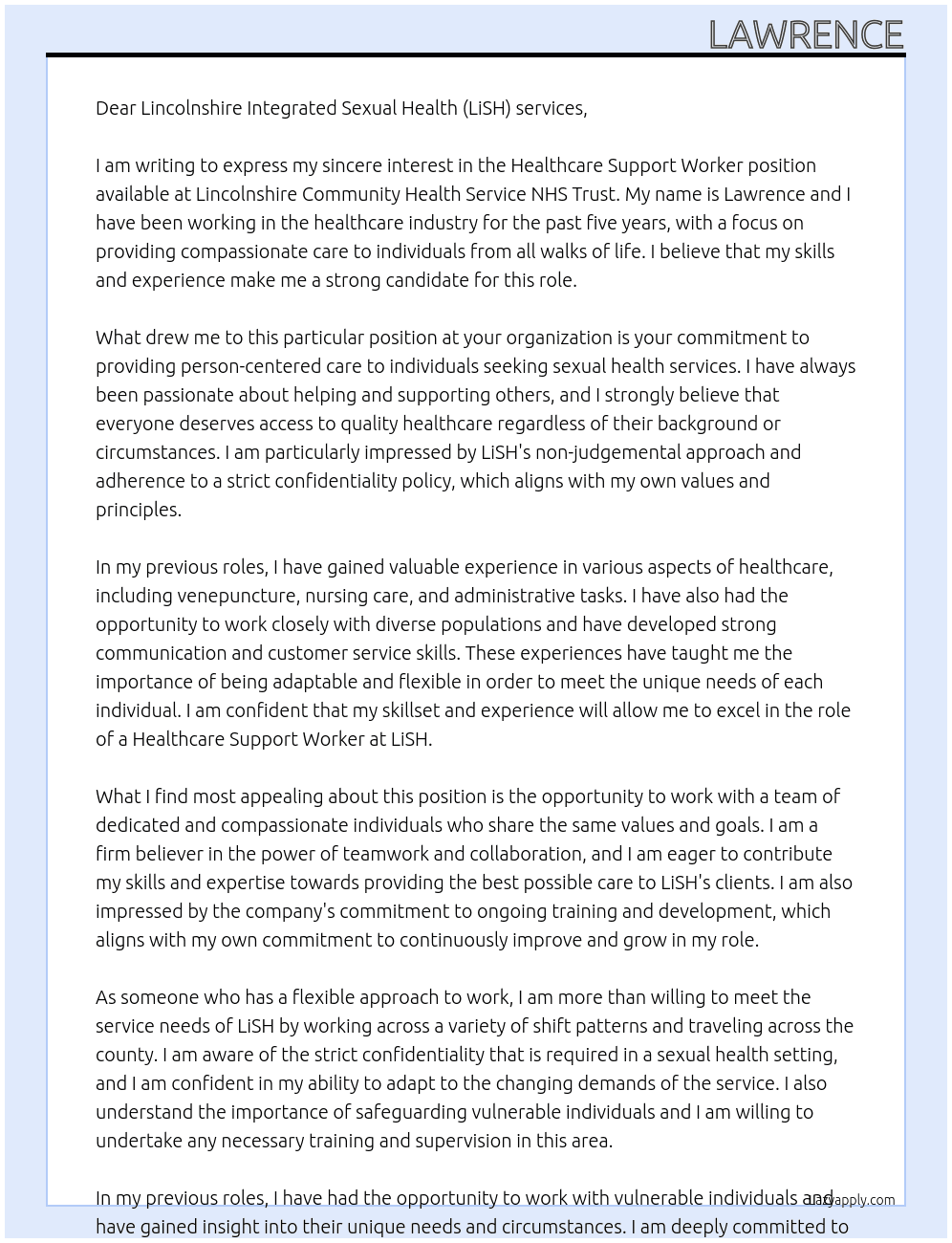 Healthcare Support Worker At Lincolnshire Community Health Service NHS Trust Cover Letter