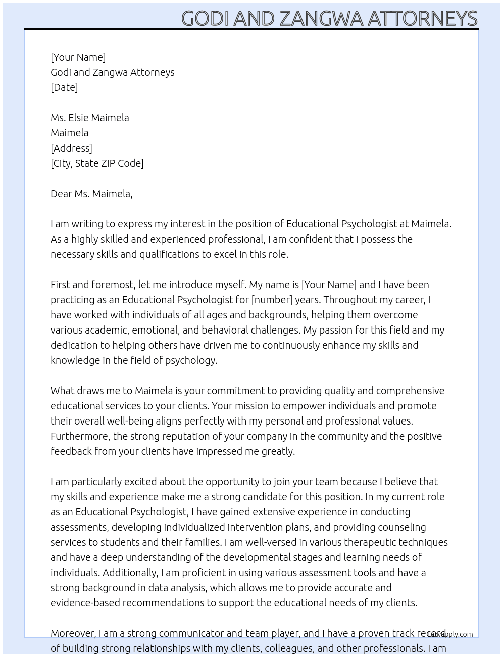 Educational Psychologist At maimela Cover Letter