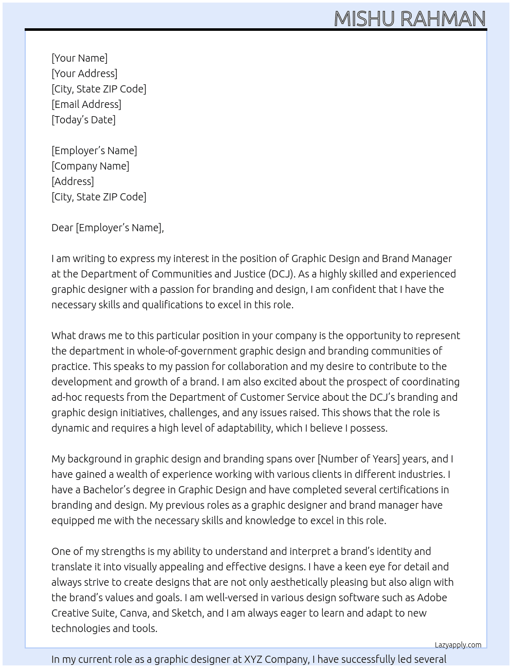 Graphic Design and Brand Manager At Department of Communities and Justice  Cover Letter