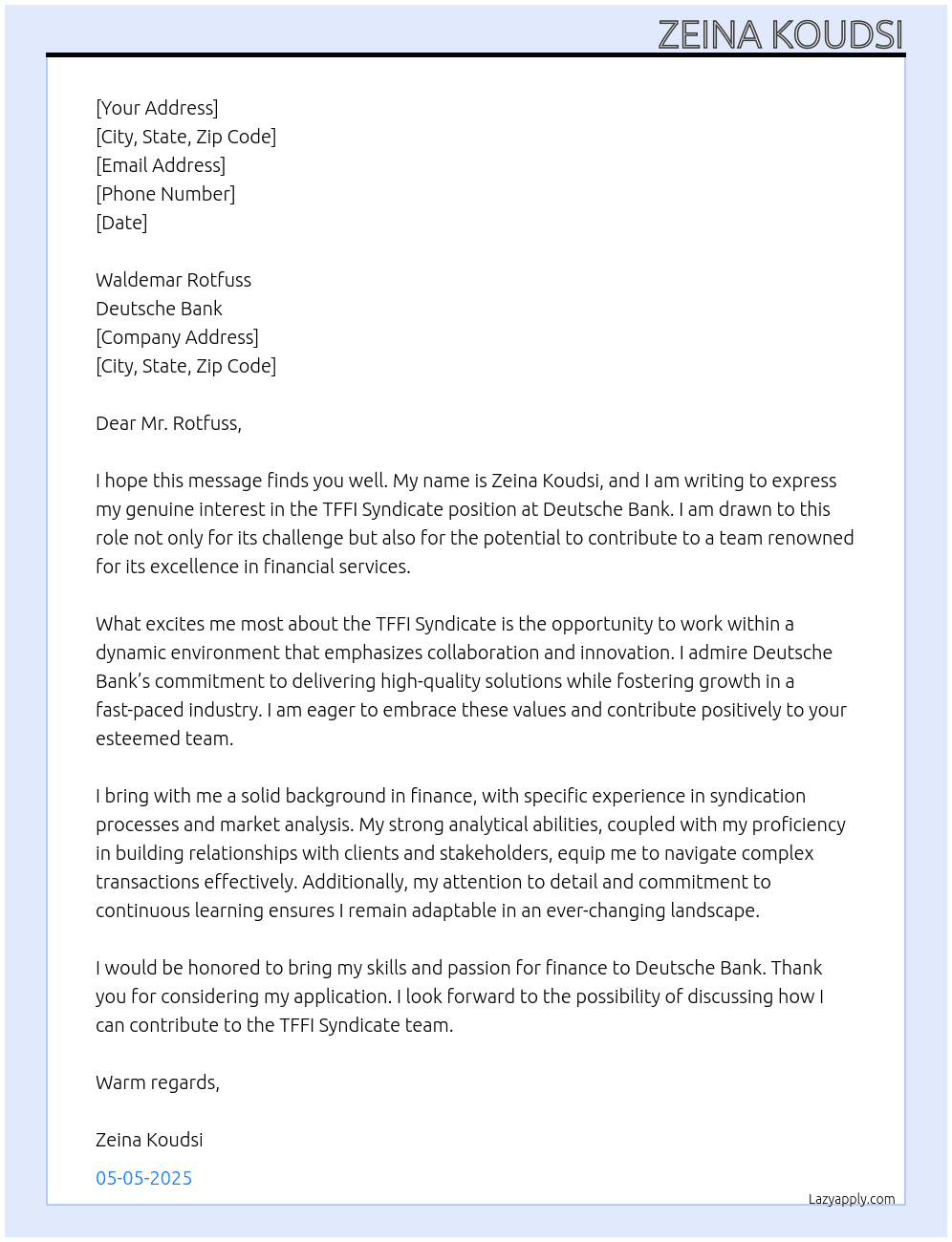 Cover letter for tffi syndicate - LazyApply