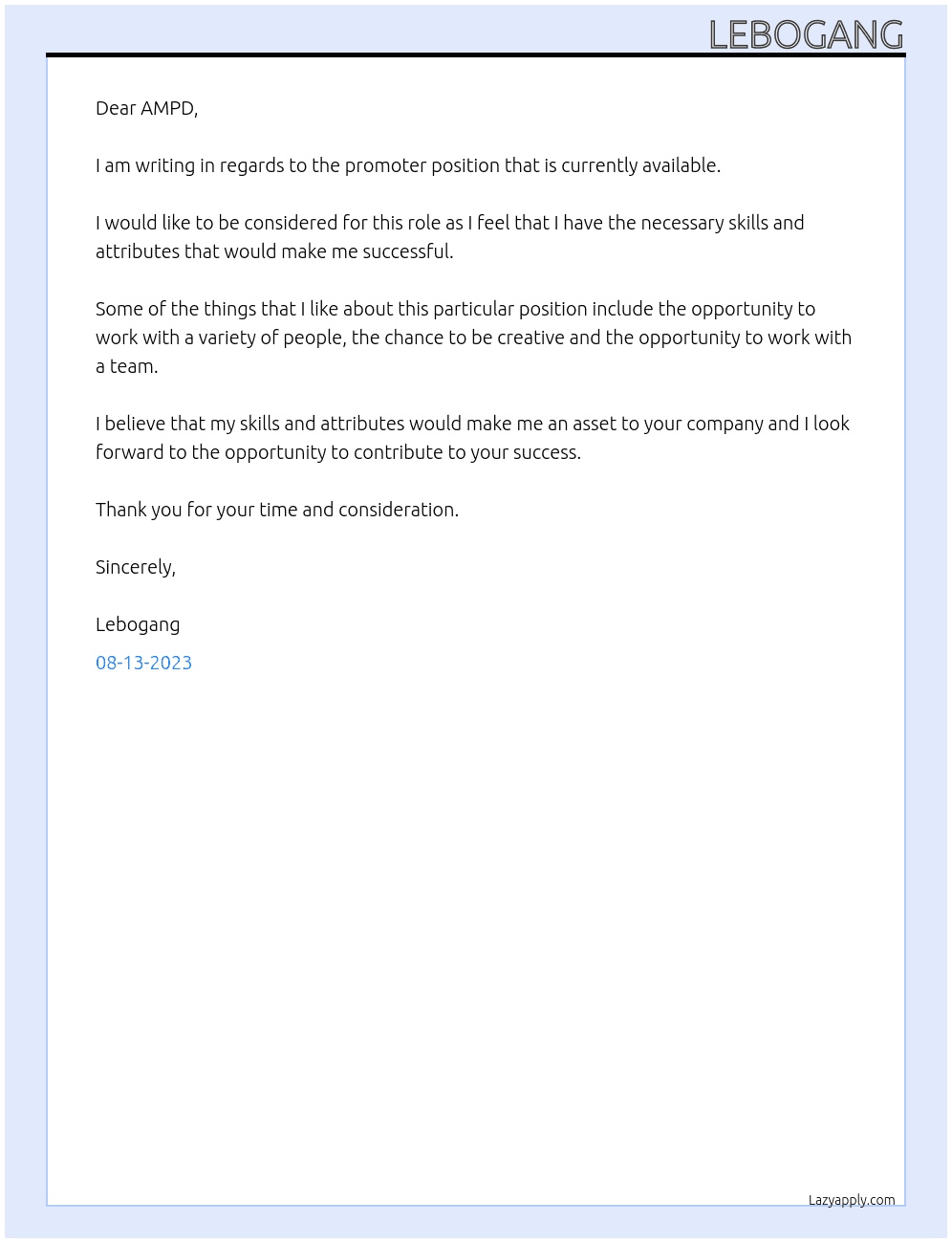 promoter At AMPD Cover Letter