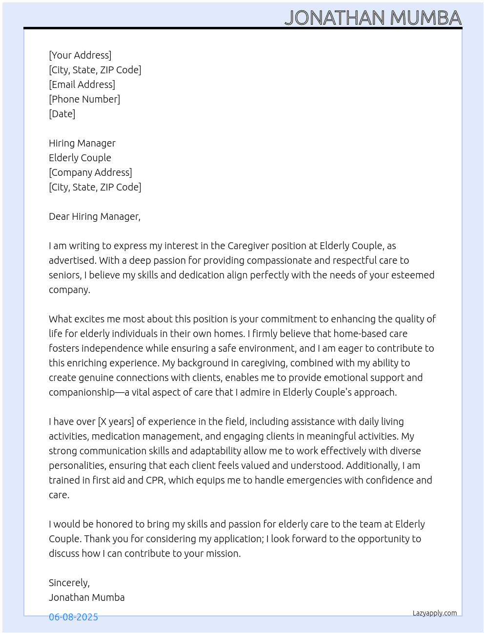 Caregiver home based care At Elderly couple Cover Letter