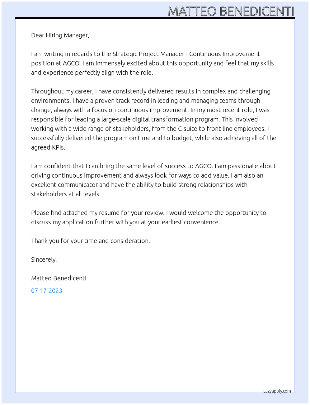 Strategic Project Manager - Continuous Improvement At AGCO Cover Letter