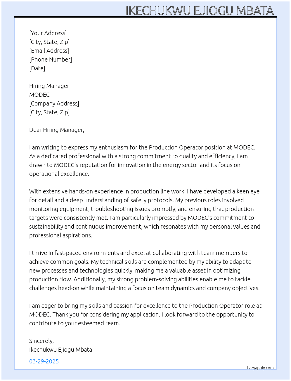 Production Operator  At MODEC Cover Letter