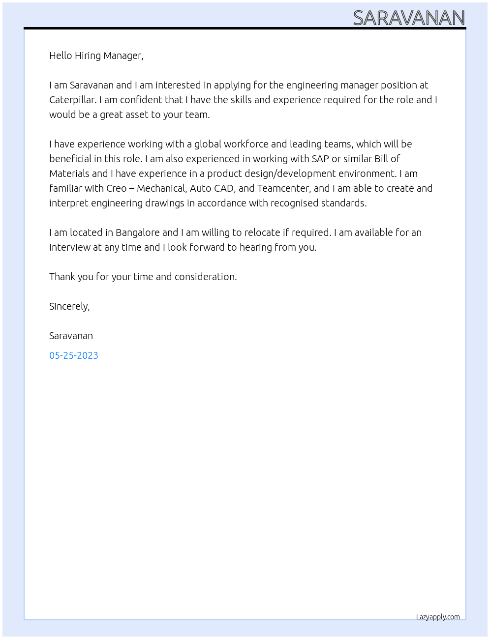 Engineering manager At Caterpillar  Cover Letter