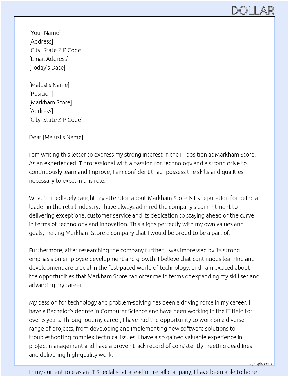 IT At Markham store Cover Letter