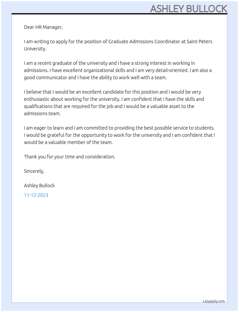 Graduate Admissions Coordinator  At Saint Peters University  Cover Letter