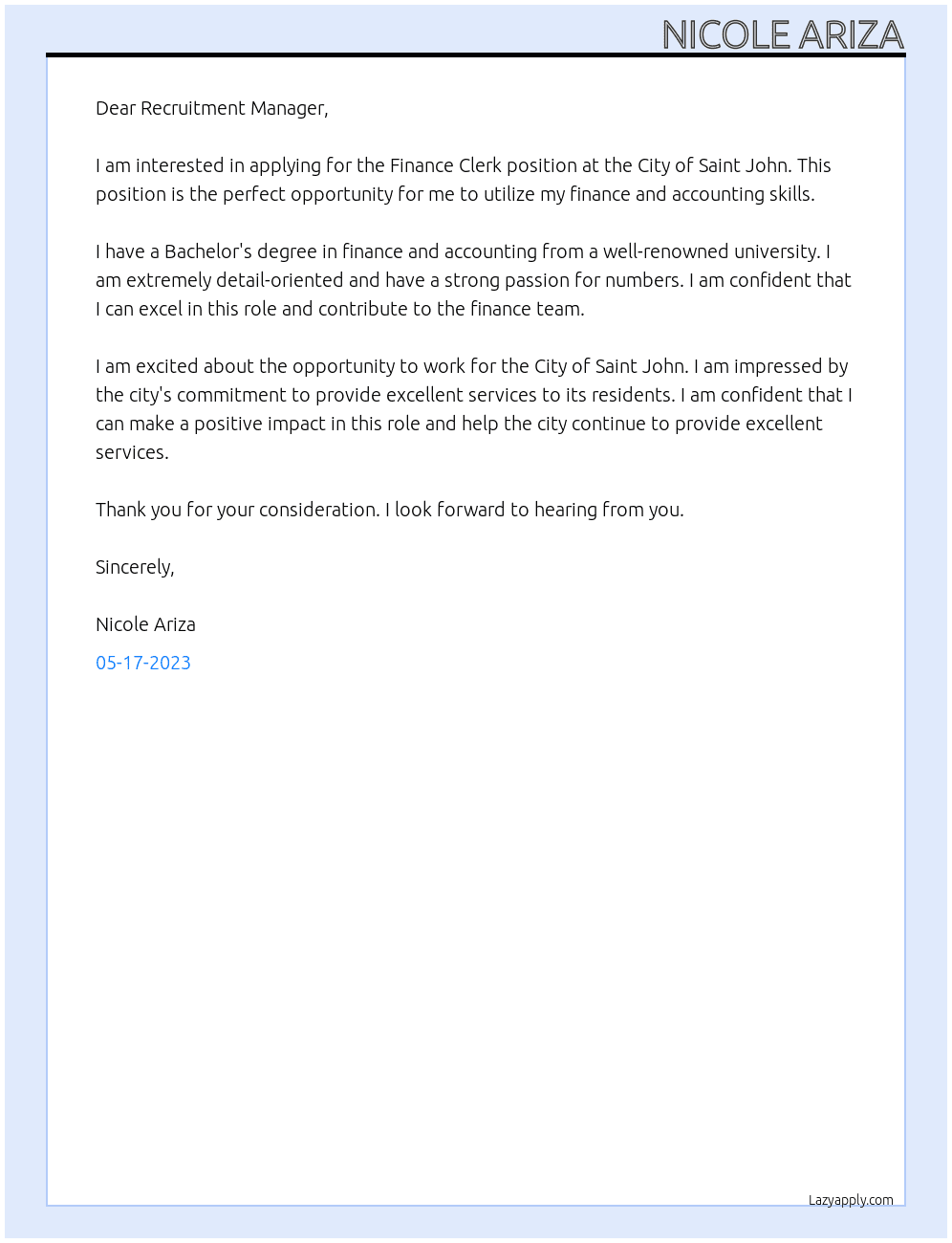Finance Clerk At City of Saint John Cover Letter