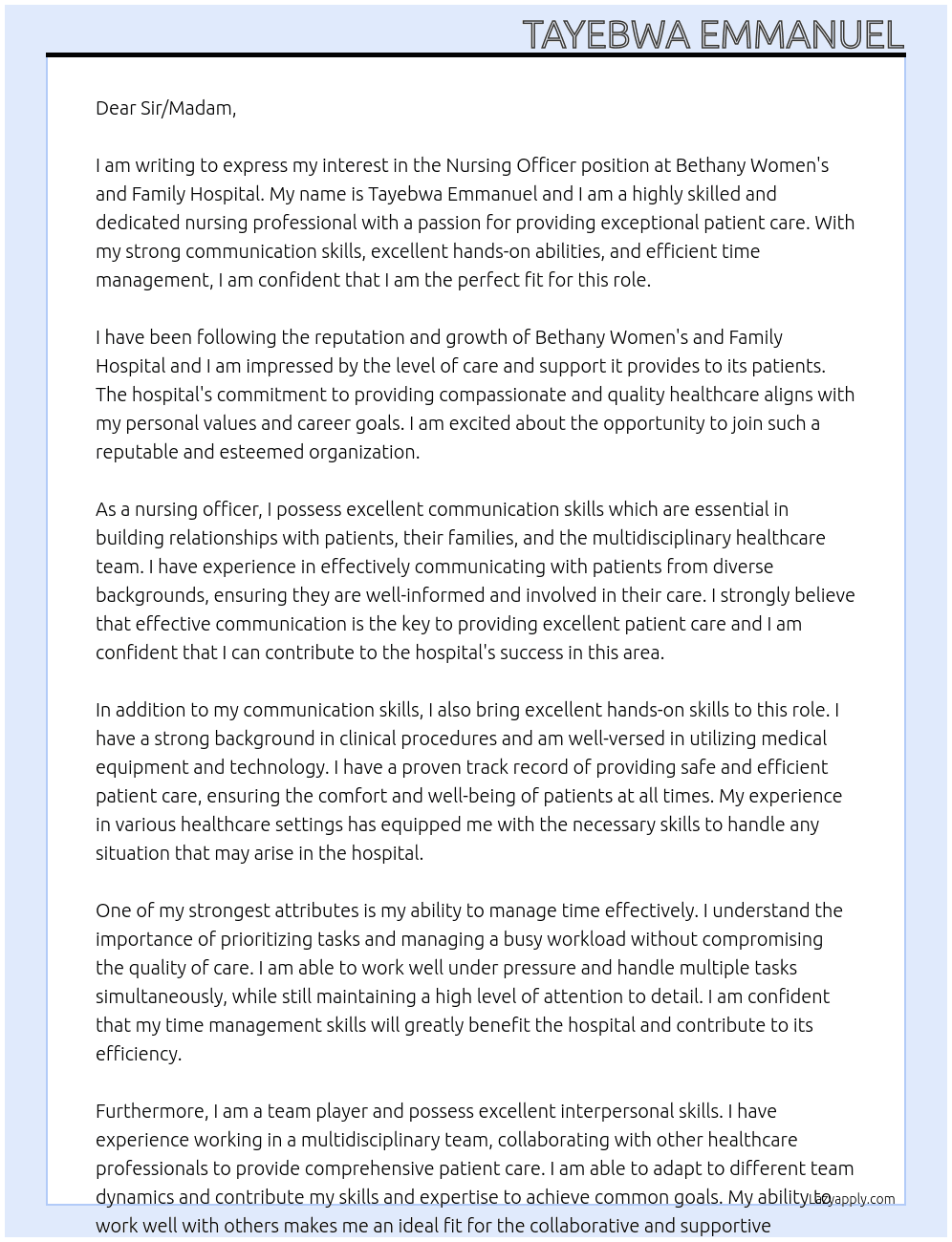 Nursing Officer At Bethany women's and Family Hospital Cover Letter
