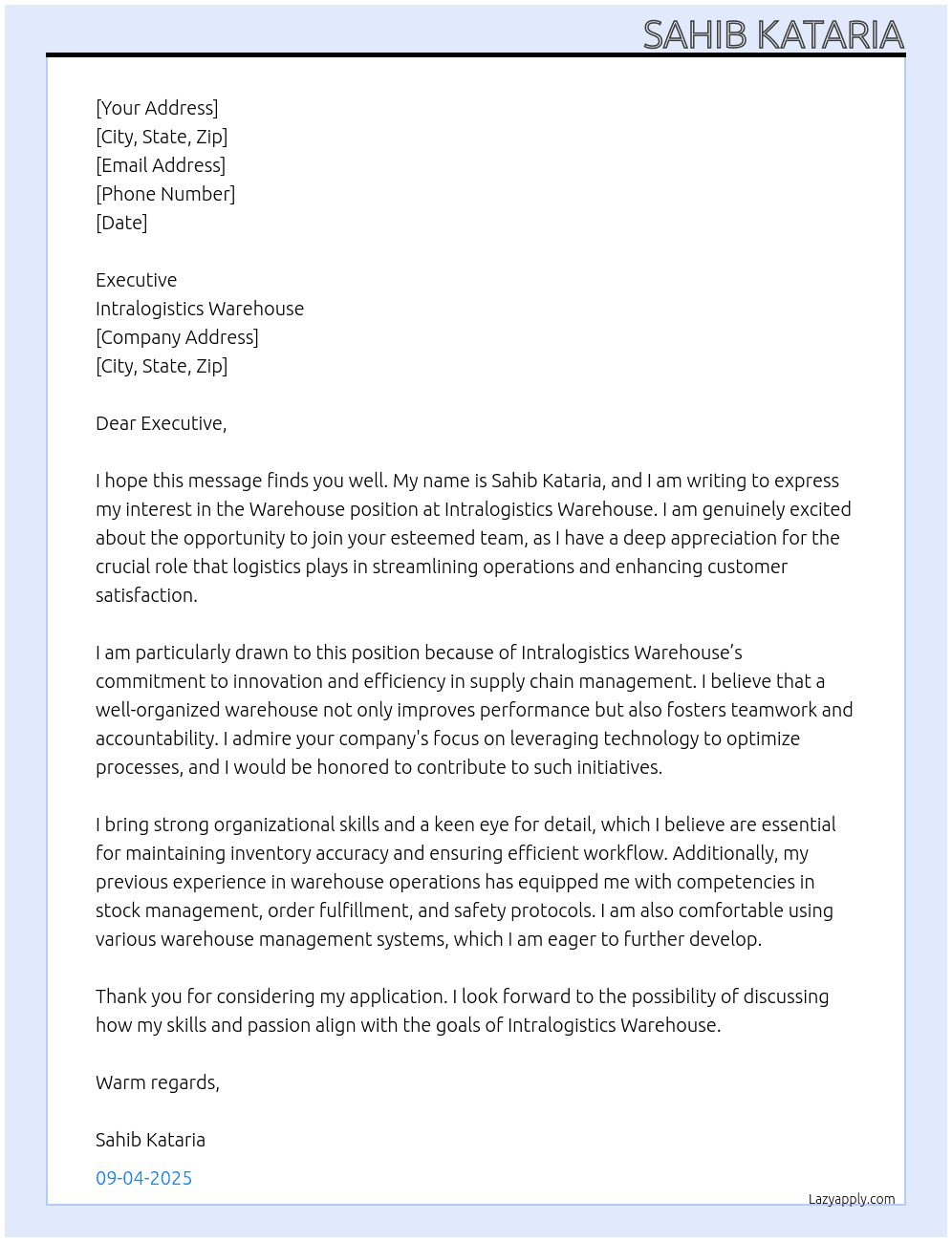 Warehouse  At Intralogistics warehouse Cover Letter